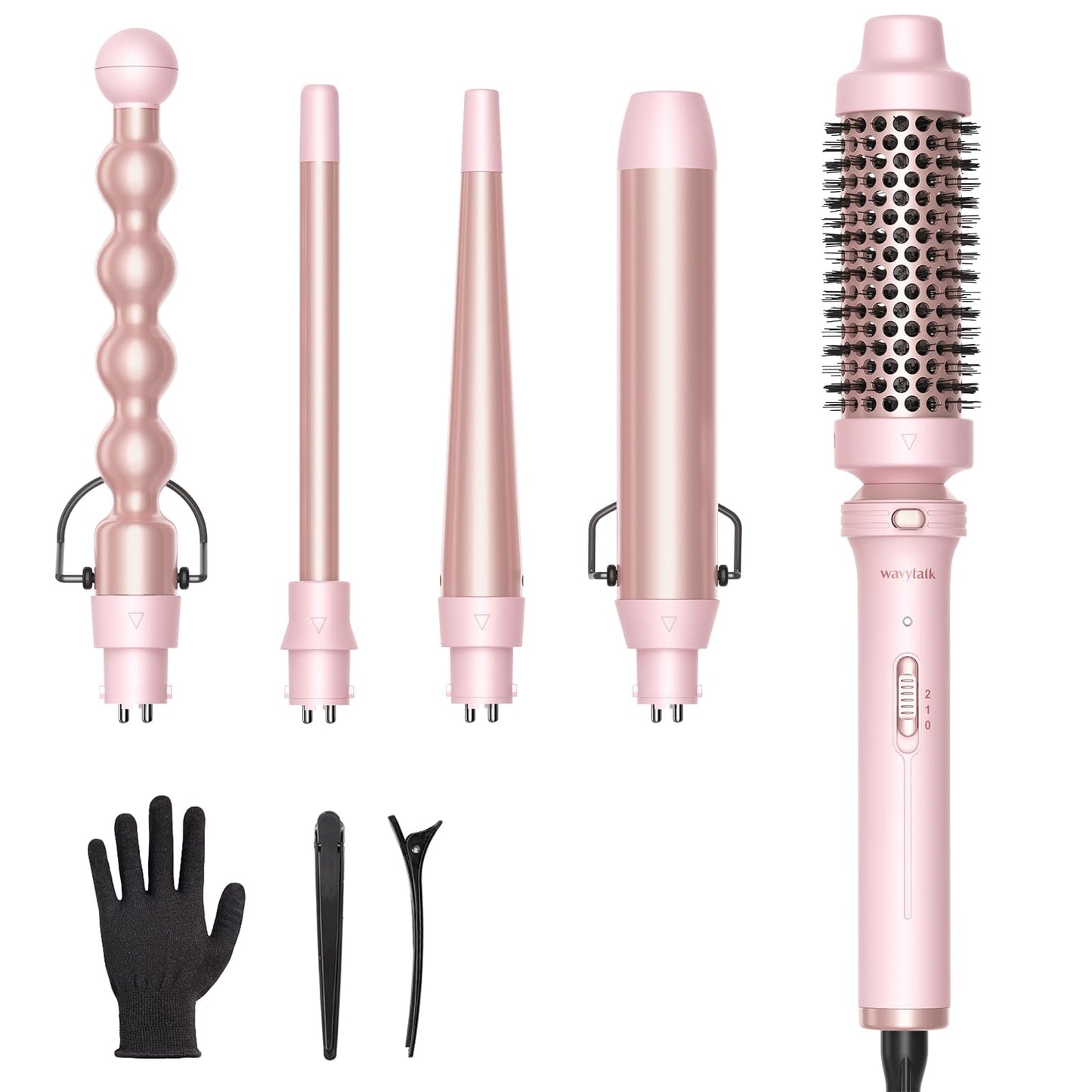 Wavytalk 5 in 1 Curling Iron, Curling Iron Set with Thermal Brush and 4 Interchangeable Ceramic Curling Wand(0.5”-1.25”),Instant Heat Up Hair Curling Iron, Rose Gold