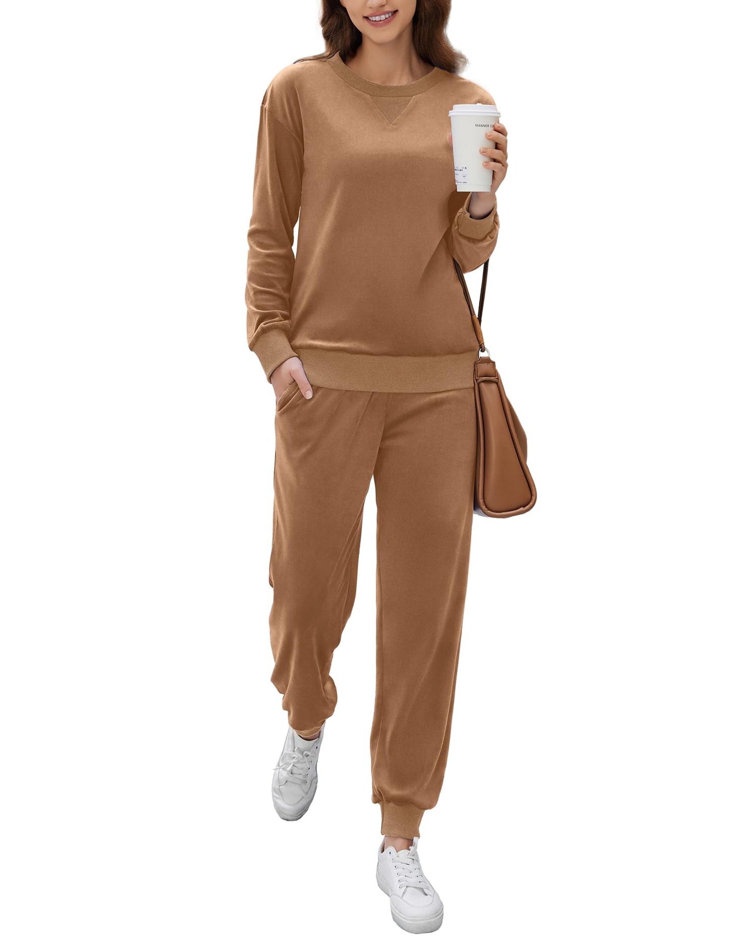 Ekouaer Womens Pajamas Sets Velvet Long Sleeve Jogger Pjs Soft Sleepwear 2 Piece Lounge Sets Casual Tracksuits