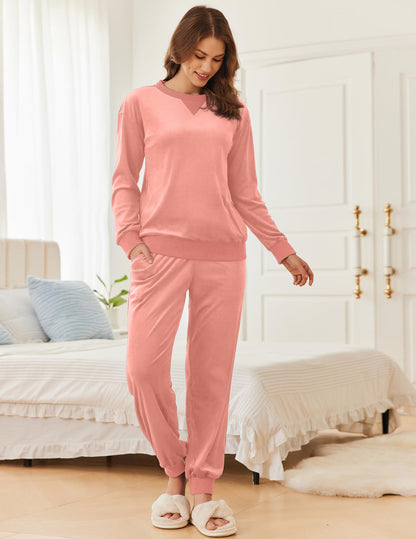 Ekouaer Womens Pajamas Sets Velvet Long Sleeve Jogger Pjs Soft Sleepwear 2 Piece Lounge Sets Casual Tracksuits