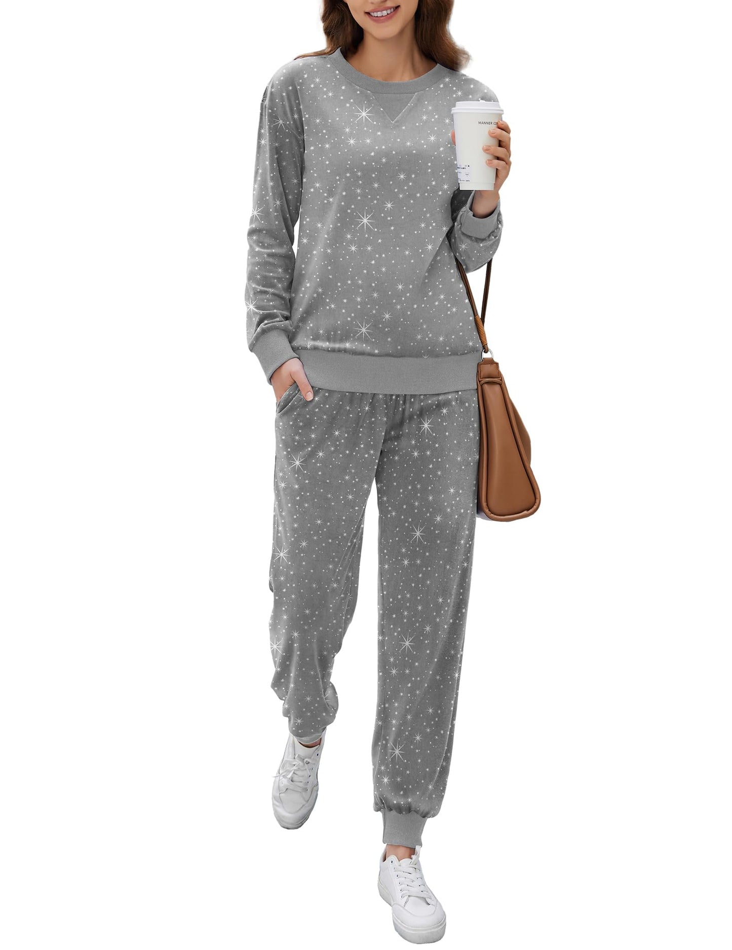 Ekouaer Womens Pajamas Sets Velvet Long Sleeve Jogger Pjs Soft Sleepwear 2 Piece Lounge Sets Casual Tracksuits