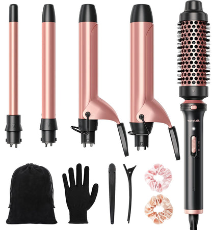 Wavytalk 5 in 1 Curling Iron, Curling Iron Set with Thermal Brush and 4 Interchangeable Ceramic Curling Wand(0.5”-1.25”),Instant Heat Up Hair Curling Iron, Rose Gold