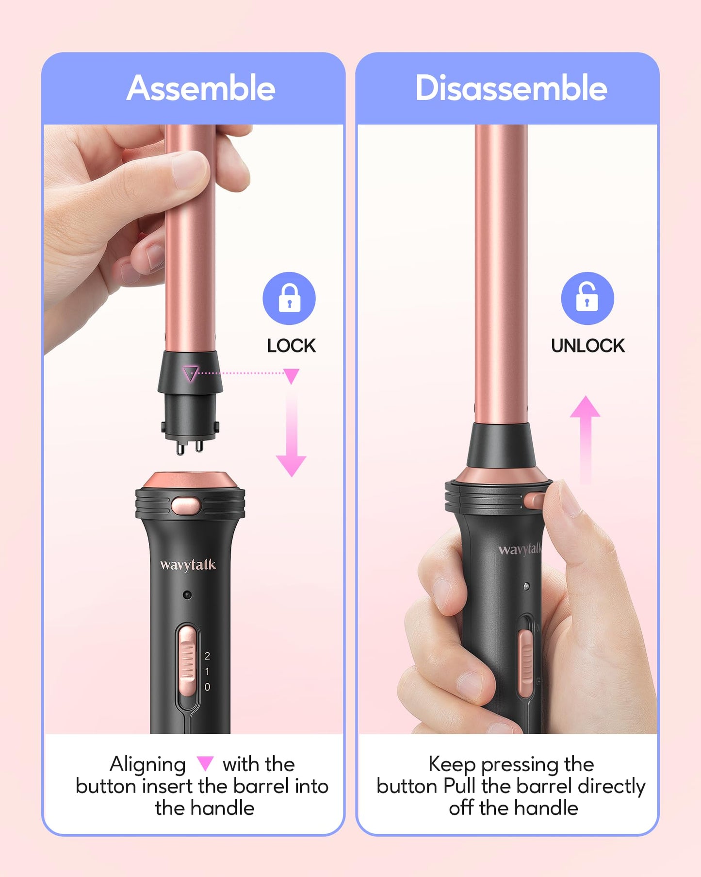 Wavytalk 5 in 1 Curling Iron, Curling Iron Set with Thermal Brush and 4 Interchangeable Ceramic Curling Wand(0.5”-1.25”),Instant Heat Up Hair Curling Iron, Rose Gold