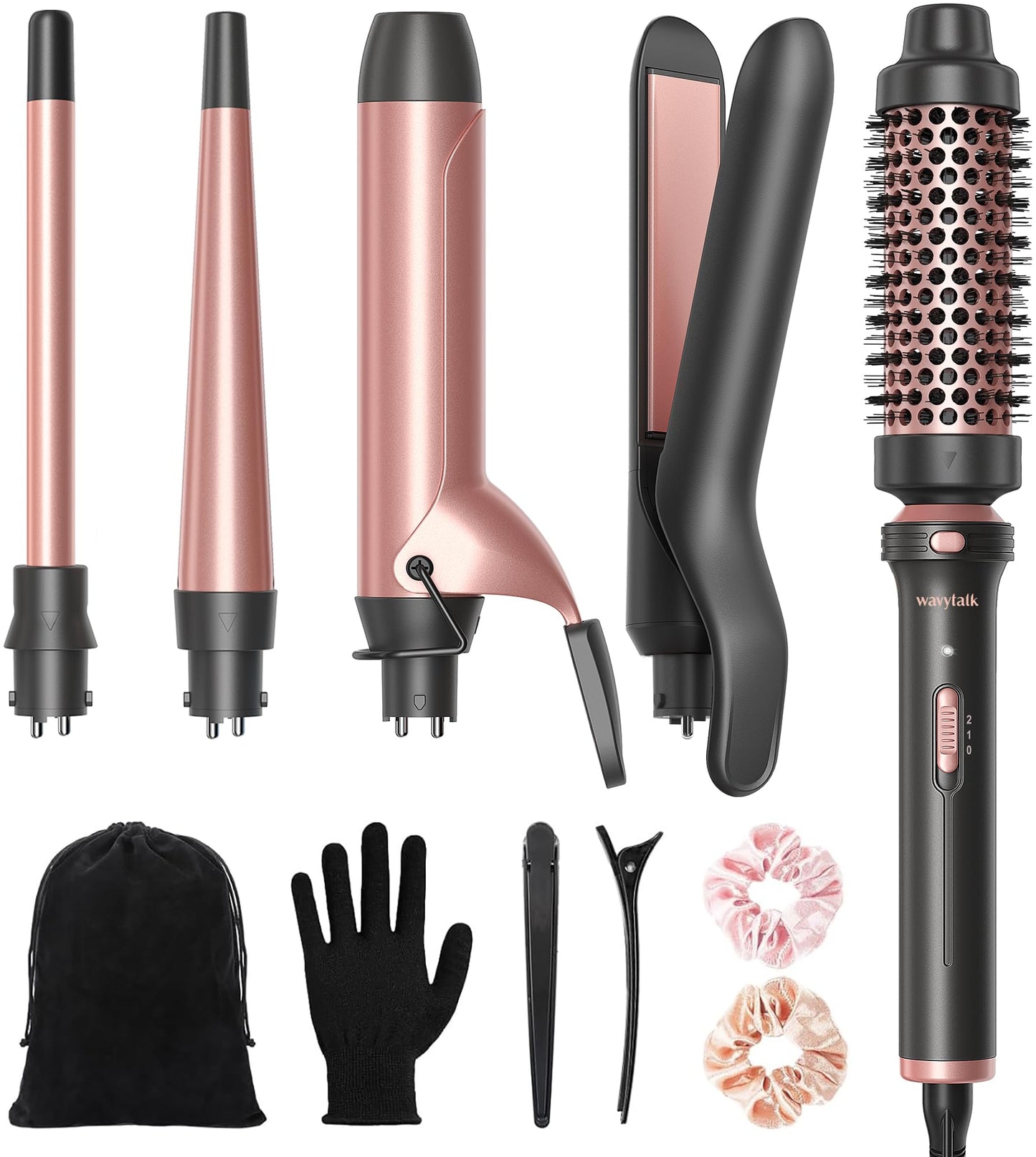 Wavytalk 5 in 1 Curling Iron, Curling Iron Set with Thermal Brush and 4 Interchangeable Ceramic Curling Wand(0.5”-1.25”),Instant Heat Up Hair Curling Iron, Rose Gold