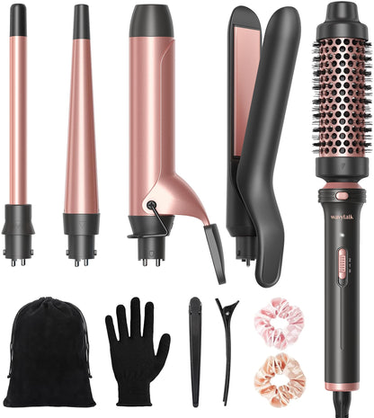 Wavytalk 5 in 1 Curling Iron, Curling Iron Set with Thermal Brush and 4 Interchangeable Ceramic Curling Wand(0.5”-1.25”),Instant Heat Up Hair Curling Iron, Rose Gold