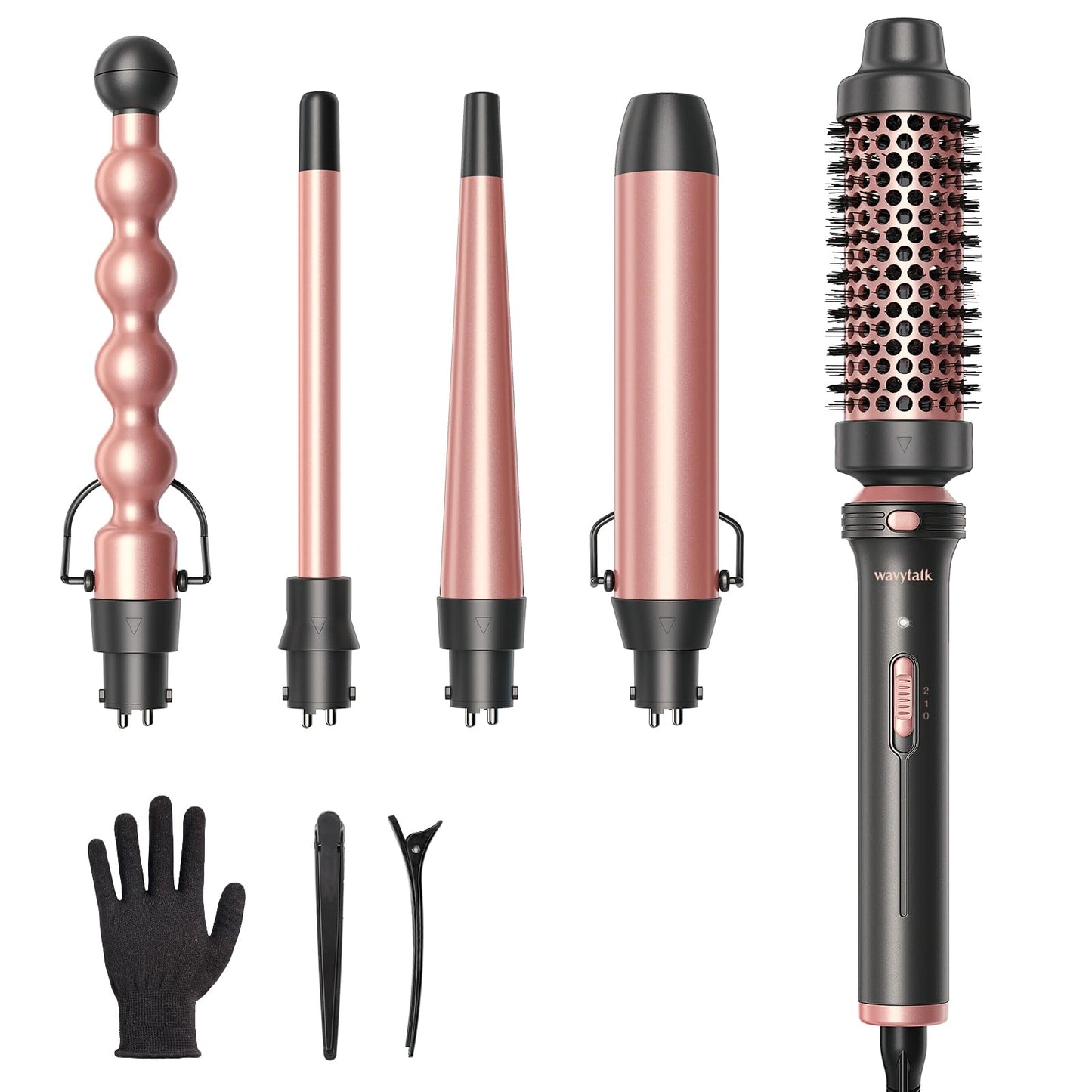 Wavytalk 5 in 1 Curling Iron, Curling Iron Set with Thermal Brush and 4 Interchangeable Ceramic Curling Wand(0.5”-1.25”),Instant Heat Up Hair Curling Iron, Rose Gold