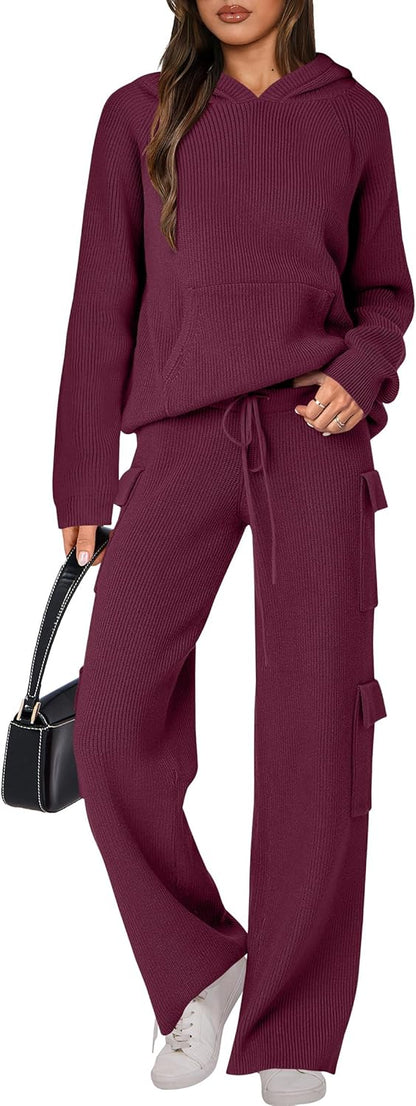 ANRABESS Women’s Two Piece Outfits Casual Knit Hooded Sweater Straight Leg Pants Set 2024 Fall Lounge Travel Clothes