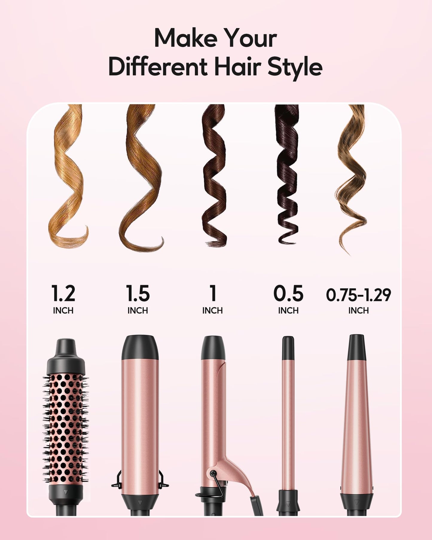 Wavytalk 5 in 1 Curling Iron, Curling Iron Set with Thermal Brush and 4 Interchangeable Ceramic Curling Wand(0.5”-1.25”),Instant Heat Up Hair Curling Iron, Rose Gold