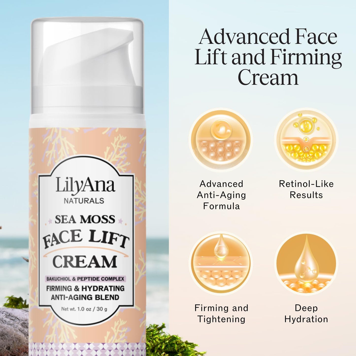 LilyAna Naturals Firming Face Lift Cream with Bakuchiol, Sea Moss and Peptide Complex - Face Tightening and Skin Firming Cream for Face - Advanced Anti-Aging Moisturizer - Made in the USA - 1oz