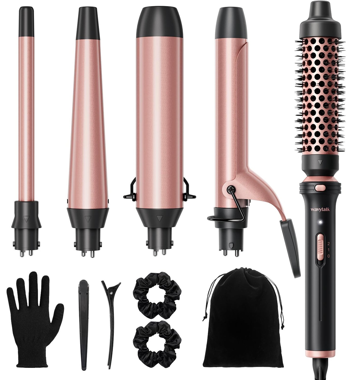 Wavytalk 5 in 1 Curling Iron, Curling Iron Set with Thermal Brush and 4 Interchangeable Ceramic Curling Wand(0.5”-1.25”),Instant Heat Up Hair Curling Iron, Rose Gold