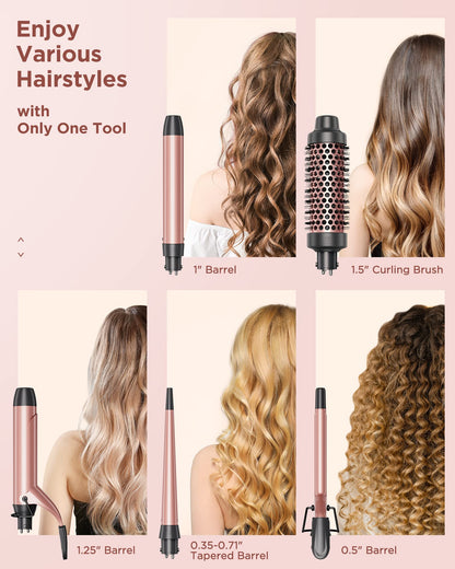 Wavytalk 5 in 1 Curling Iron, Curling Iron Set with Thermal Brush and 4 Interchangeable Ceramic Curling Wand(0.5”-1.25”),Instant Heat Up Hair Curling Iron, Rose Gold