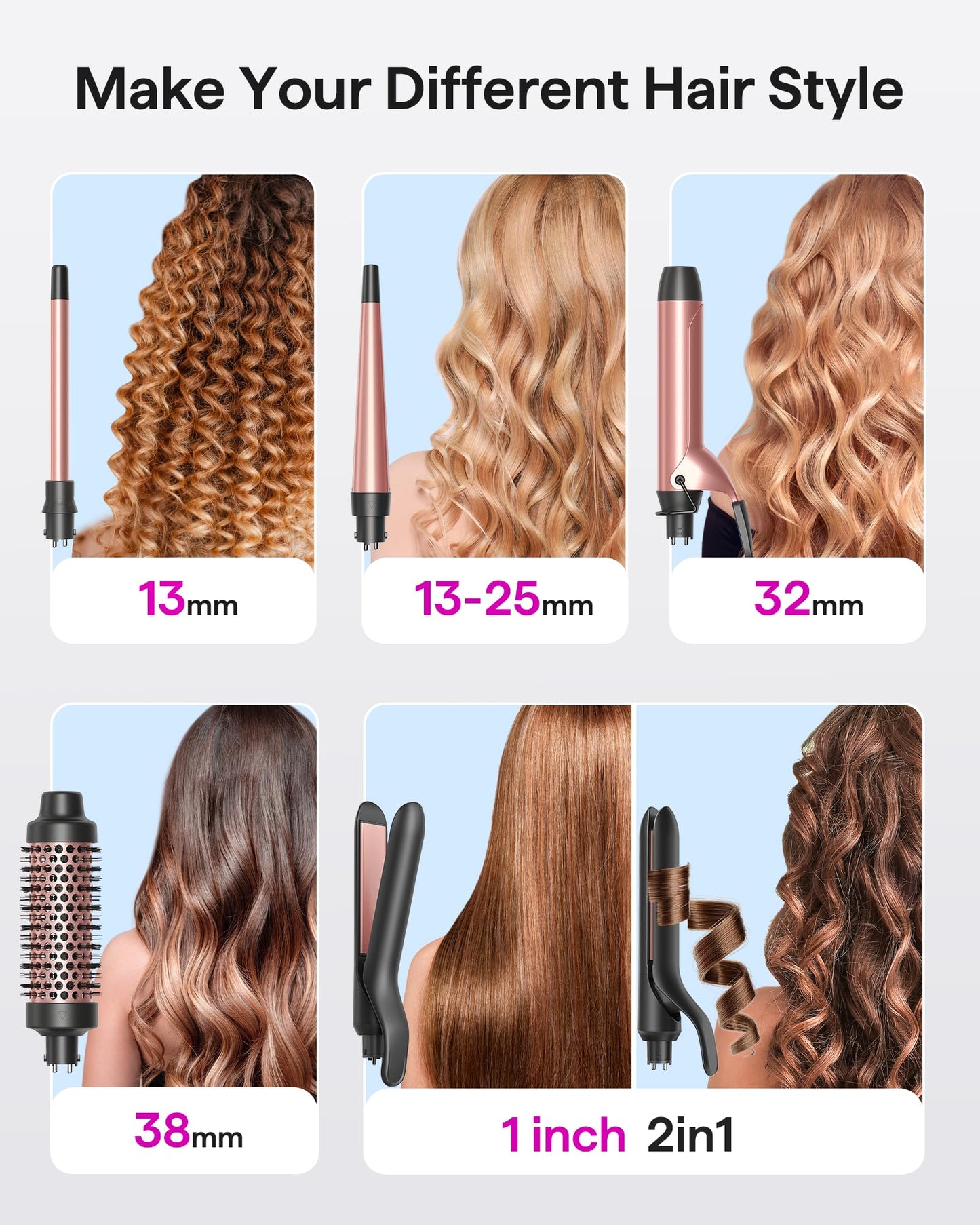 Wavytalk 5 in 1 Curling Iron, Curling Iron Set with Thermal Brush and 4 Interchangeable Ceramic Curling Wand(0.5”-1.25”),Instant Heat Up Hair Curling Iron, Rose Gold