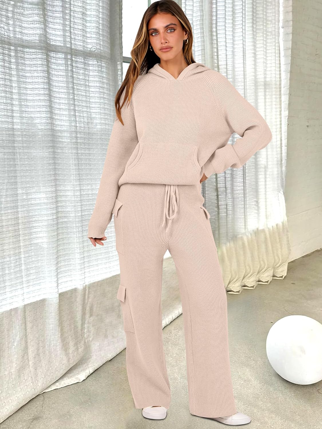 ANRABESS Women’s Two Piece Outfits Casual Knit Hooded Sweater Straight Leg Pants Set 2024 Fall Lounge Travel Clothes