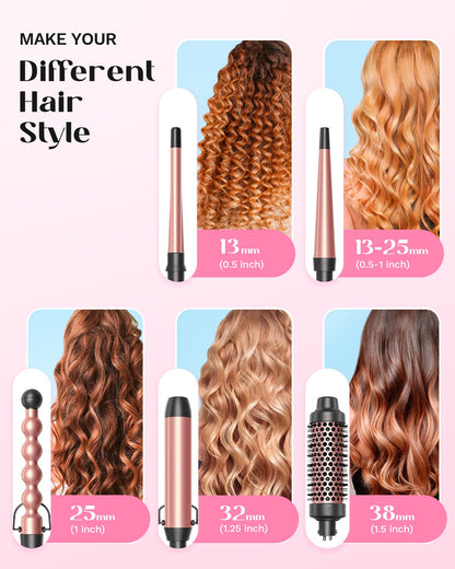 Wavytalk 5 in 1 Curling Iron, Curling Iron Set with Thermal Brush and 4 Interchangeable Ceramic Curling Wand(0.5”-1.25”),Instant Heat Up Hair Curling Iron, Rose Gold