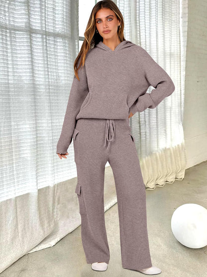 ANRABESS Women’s Two Piece Outfits Casual Knit Hooded Sweater Straight Leg Pants Set 2024 Fall Lounge Travel Clothes