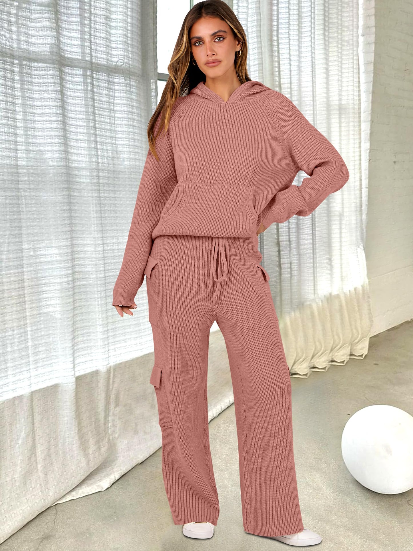 ANRABESS Women’s Two Piece Outfits Casual Knit Hooded Sweater Straight Leg Pants Set 2024 Fall Lounge Travel Clothes