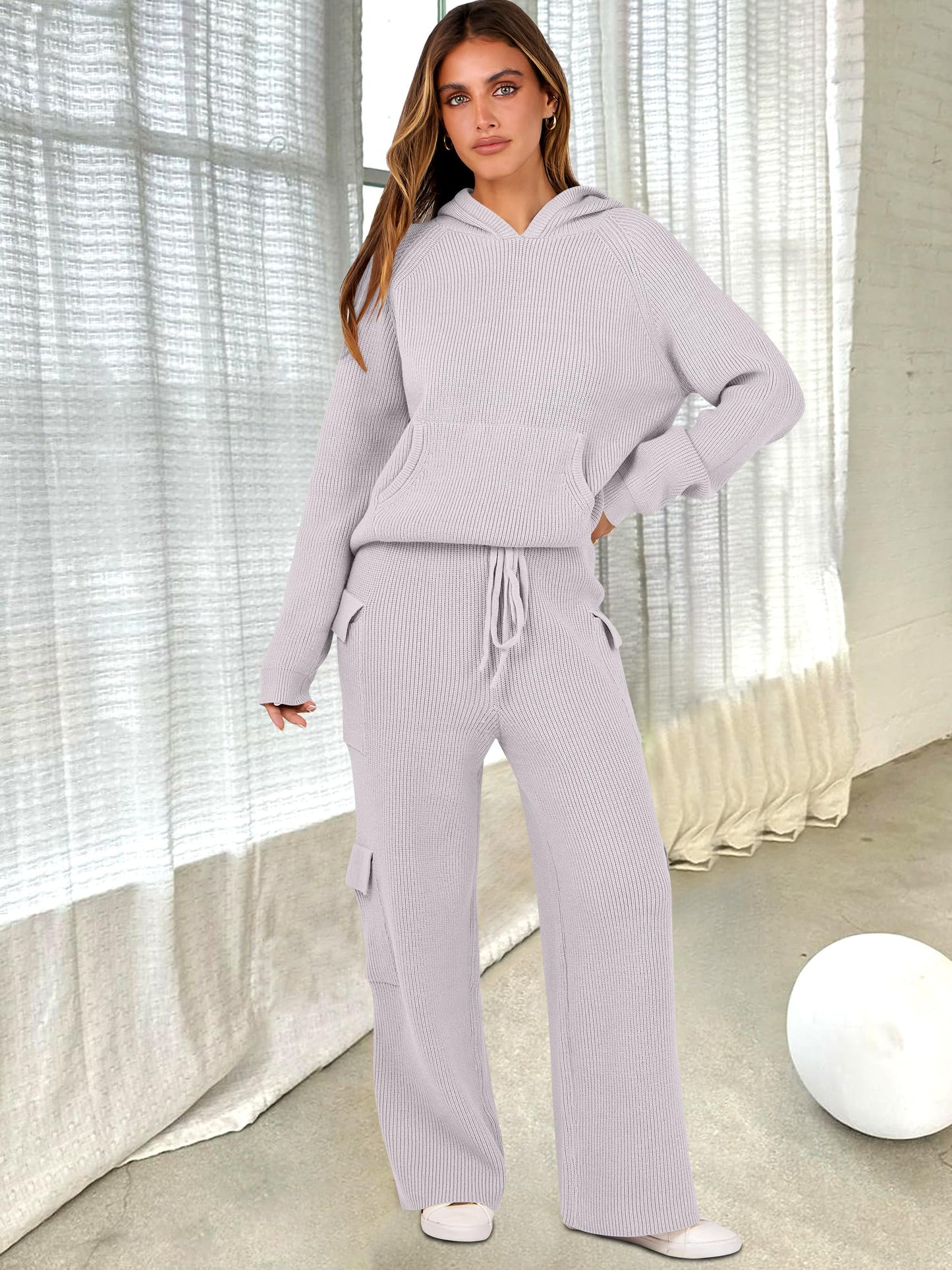 ANRABESS Women’s Two Piece Outfits Casual Knit Hooded Sweater Straight Leg Pants Set 2024 Fall Lounge Travel Clothes