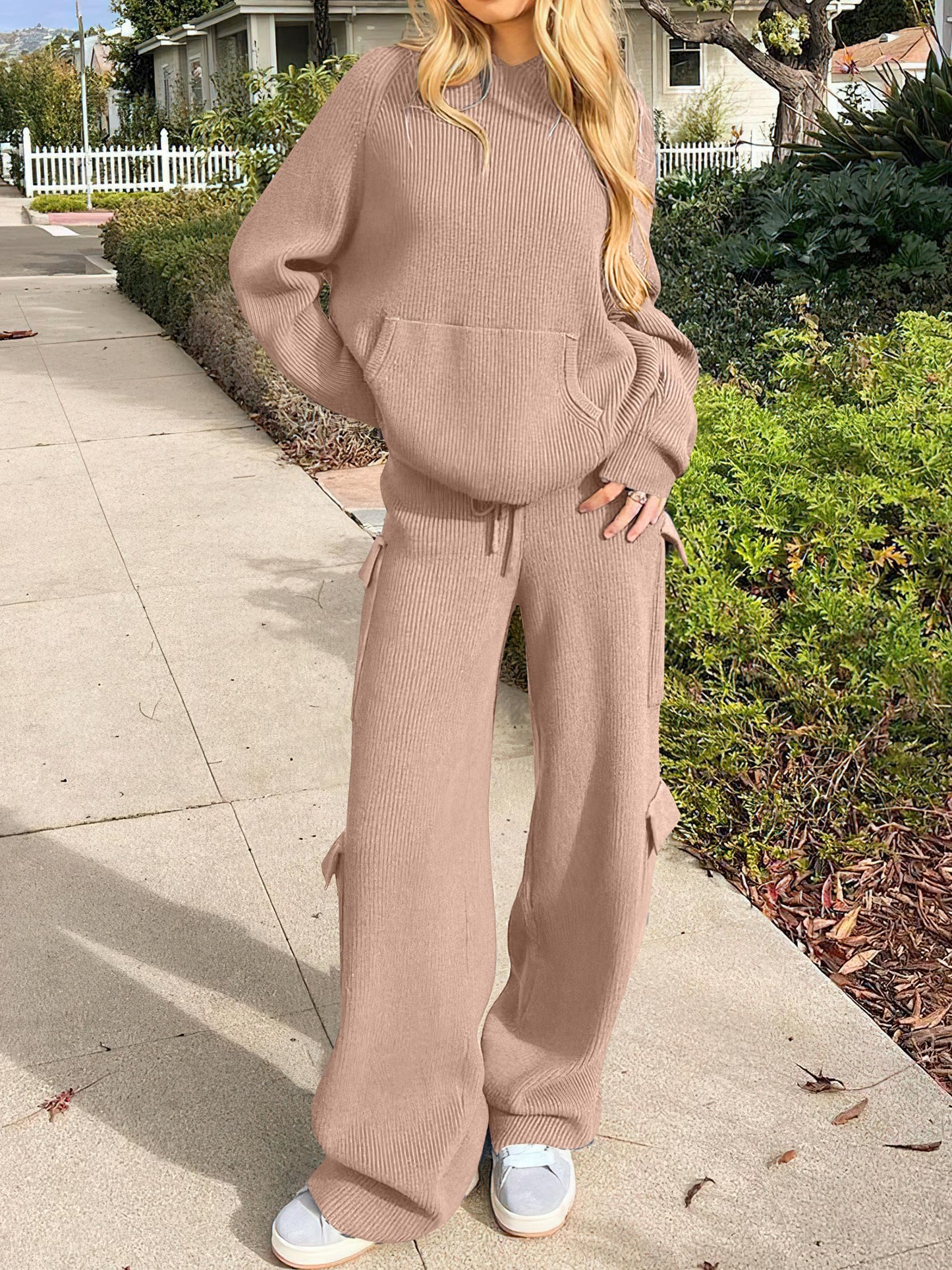 ANRABESS Women’s Two Piece Outfits Casual Knit Hooded Sweater Straight Leg Pants Set 2024 Fall Lounge Travel Clothes