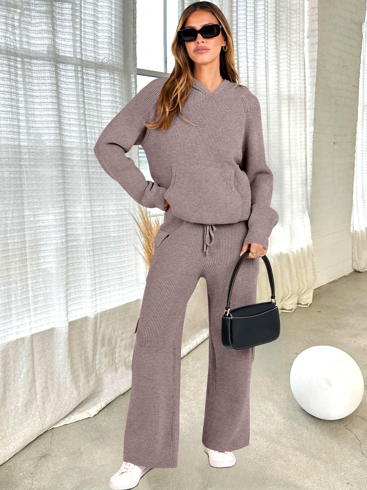 ANRABESS Women’s Two Piece Outfits Casual Knit Hooded Sweater Straight Leg Pants Set 2024 Fall Lounge Travel Clothes